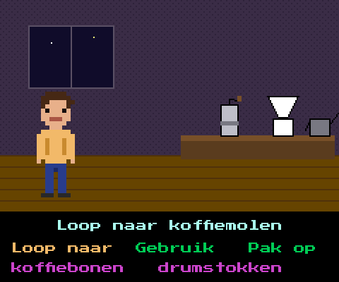 Pixelart: Thijs loopt naar de koffiemachine, zet koffie en drinkt. Eerst koffie. Dan data.